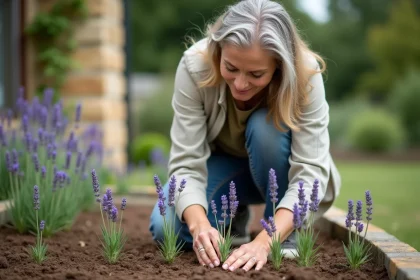 Femme plantant de la lavande dans un jardin rustique