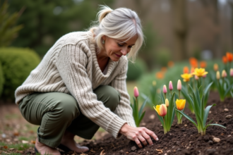 Femme d'âge moyen dans un jardin au printemps examine des bulbes