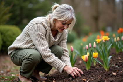 Femme d'âge moyen dans un jardin au printemps examine des bulbes