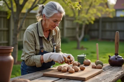Femme préparant une noix dans un jardin printanier