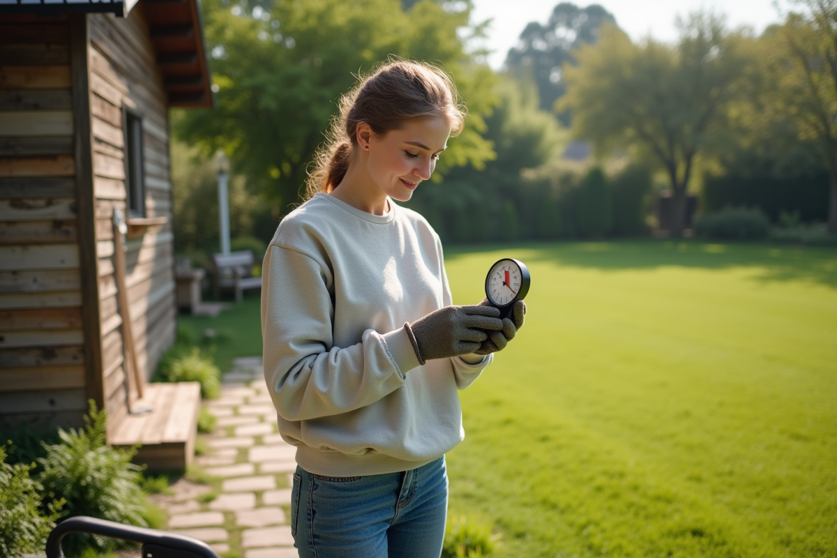 Jeune femme vérifie un guide de hauteur de coupe dans le jardin