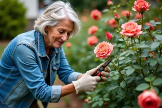 Femme en denim coupe-vent taillant des roses fanées dans le jardin