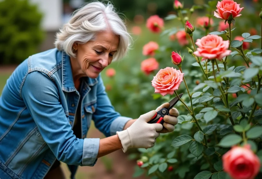 Femme en denim coupe-vent taillant des roses fanées dans le jardin