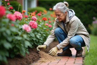 Femme âgée fertilisant des rosiers dans son jardin