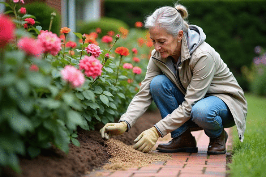 Femme âgée fertilisant des rosiers dans son jardin