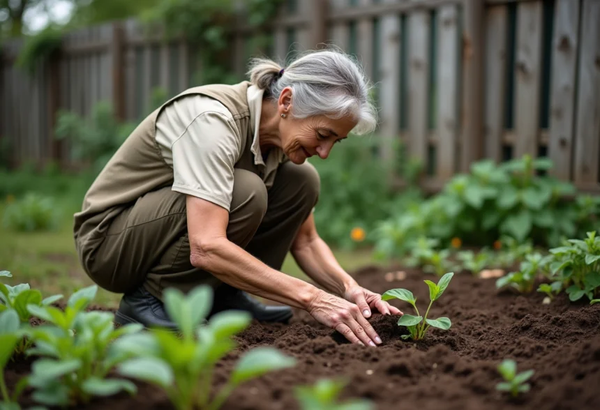 Femme âgée plantant des semis dans un jardin rural