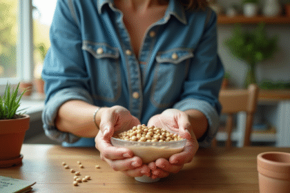Femme en jardinage tenant des graines de haricots dans la main