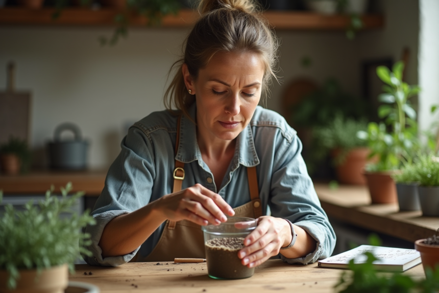 Femme jardinant dans une cuisine chaleureuse et rustique