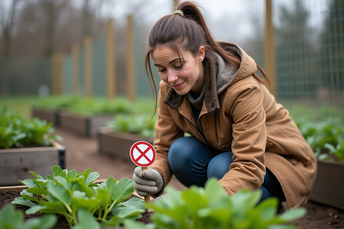 Jeune femme arrosant ses plantes dans le potager