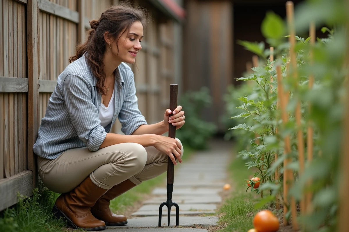 Femme jardinière inspectant les dents d'une grelinette appuyée contre une clôture de jardin en bois