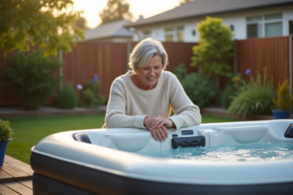 Femme détendue vérifiant le panneau du spa gonflable dans le jardin