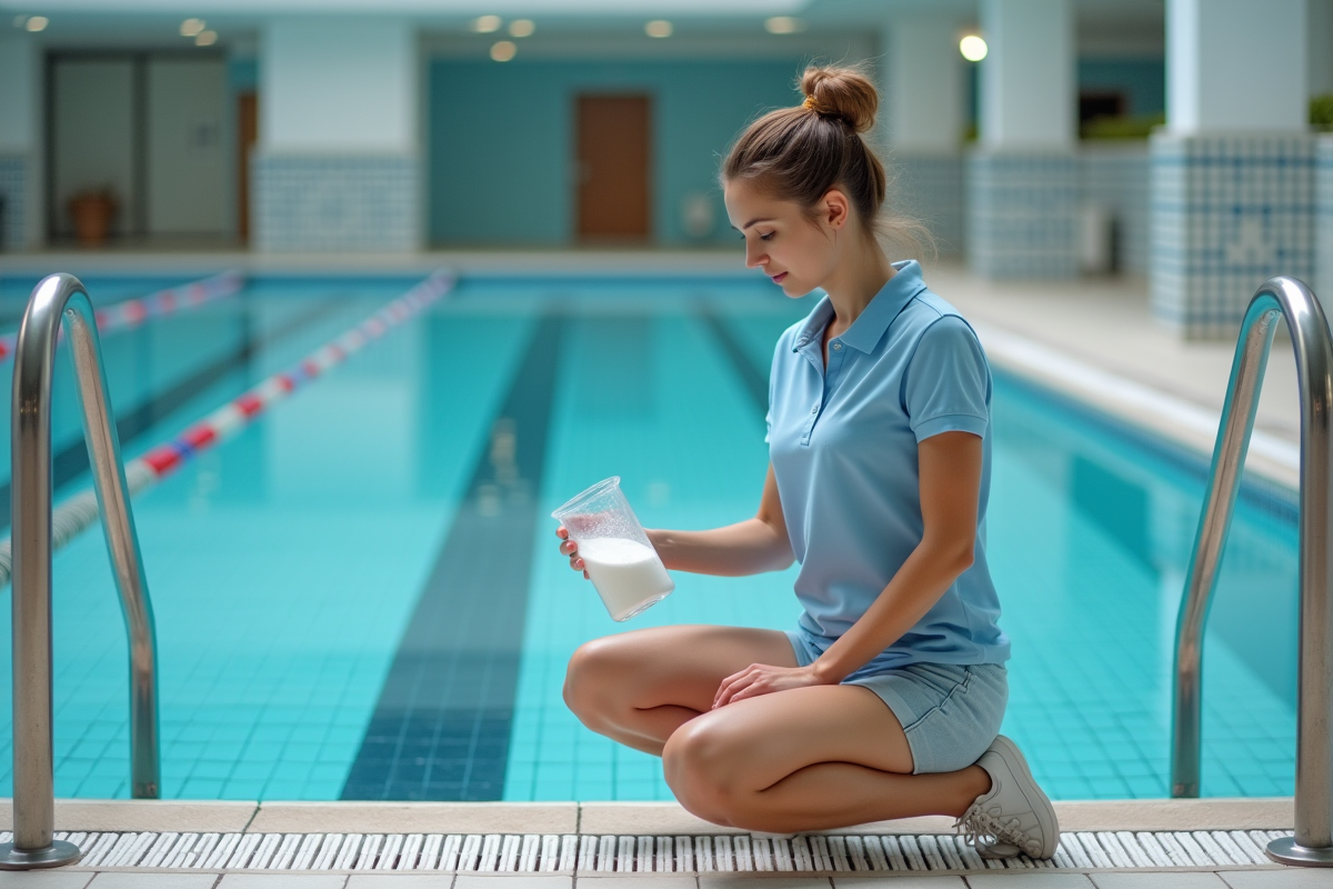 Jeune femme dissolvant bicarbonate dans un gobelet au bord de la piscine intérieure