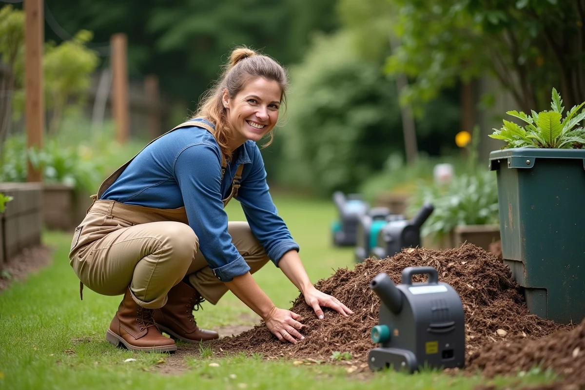 Femme inspectant le compost dans un jardin communautaire