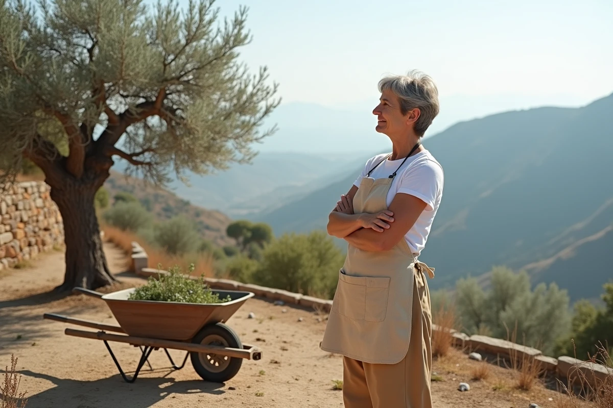 Femme observant un olivier après une taille sévère dans un jardin en terrasse avec vue sur la campagne provençale