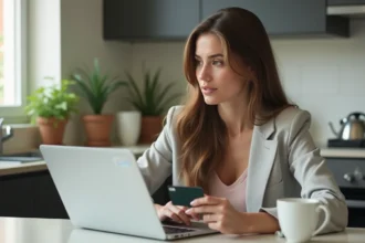 Femme avec carte bancaire travaillant sur un ordinateur dans la cuisine
