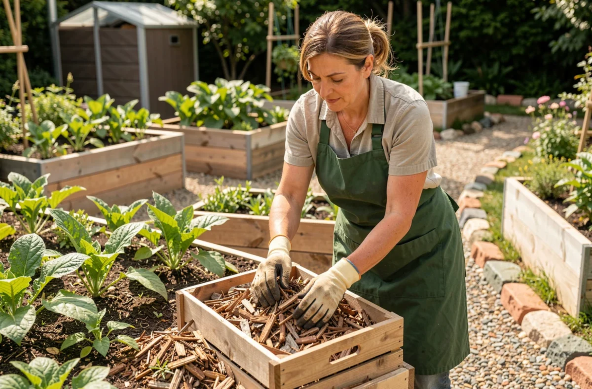 Femme appliquant du paillis organique dans un potager surélevé comme alternative responsable au désherbage chimique à l'AdBlue