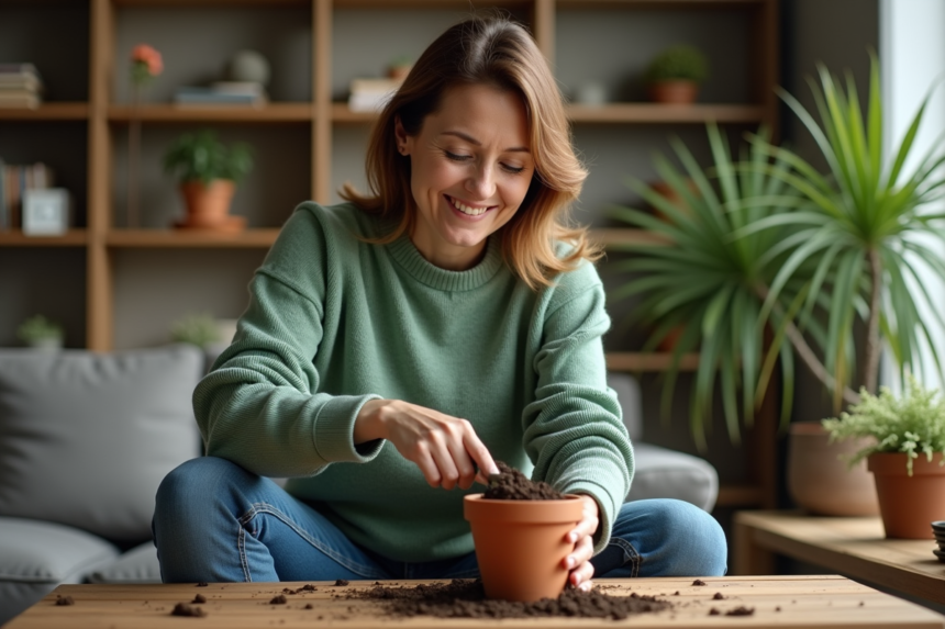 Femme d'âge moyen plantant de la terre dans un pot de fleurs
