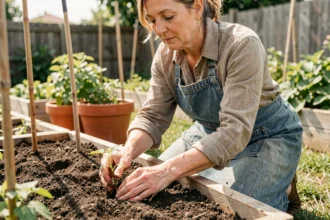Femme plantant des plants de tomates dans un potager surélevé au printemps