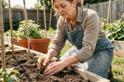 Femme plantant des plants de tomates dans un potager surélevé au printemps