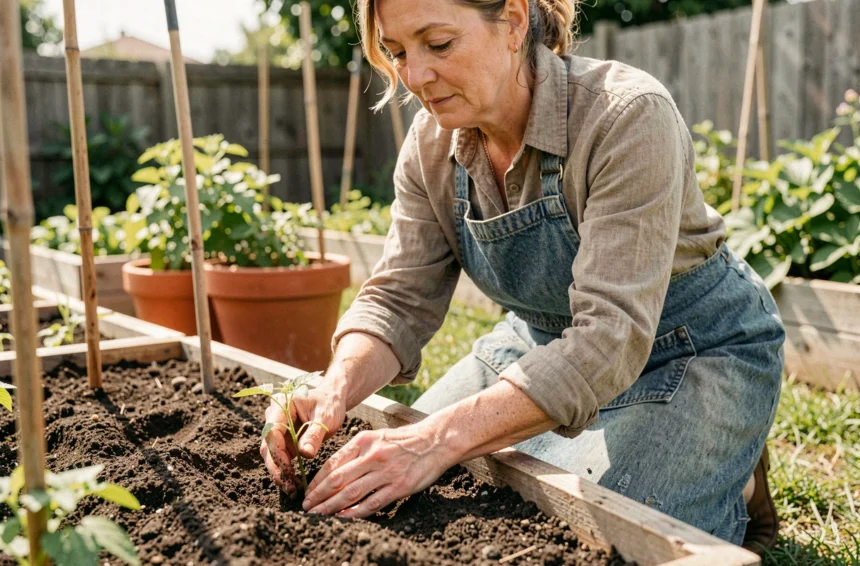 Femme plantant des plants de tomates dans un potager surélevé au printemps