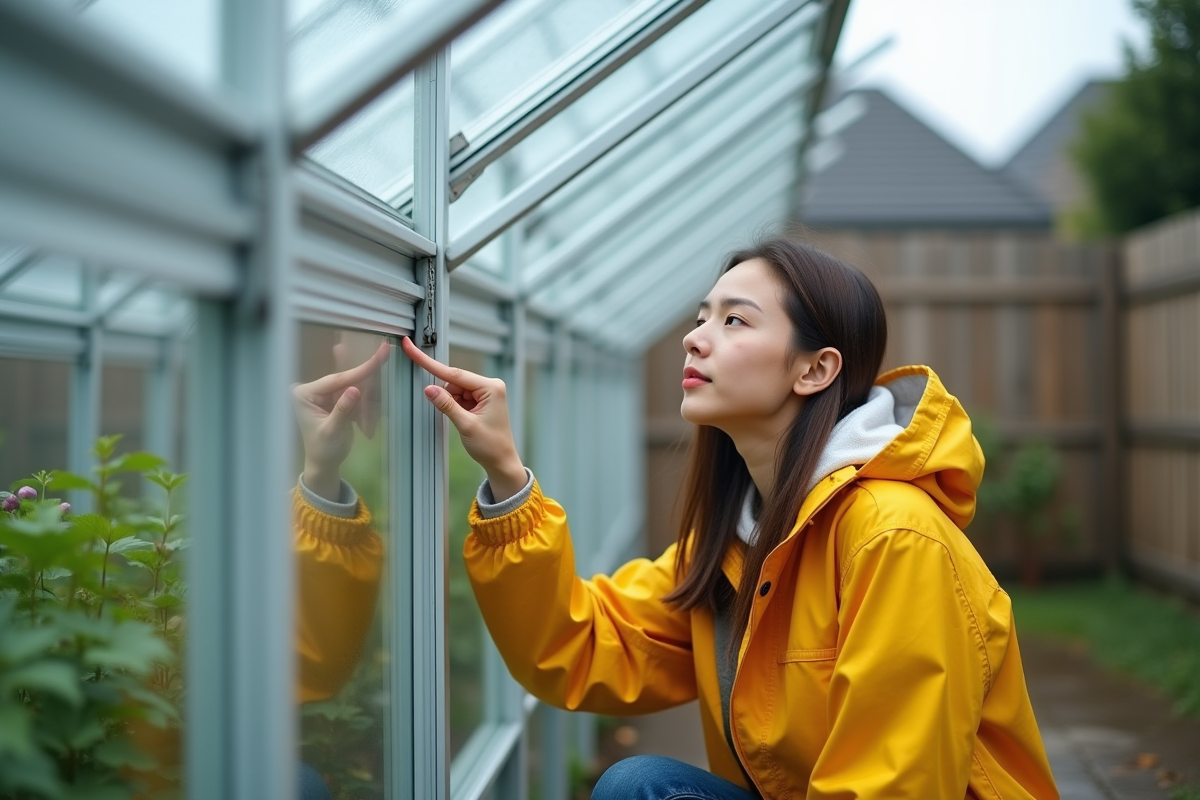 Jeune femme pointe le toit en polycarbonate de la serre