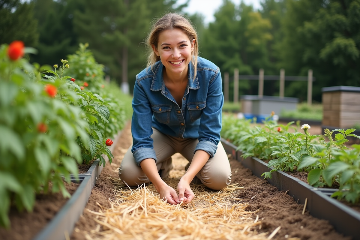 Jeune femme posant de la paille autour des tomates en fleurs