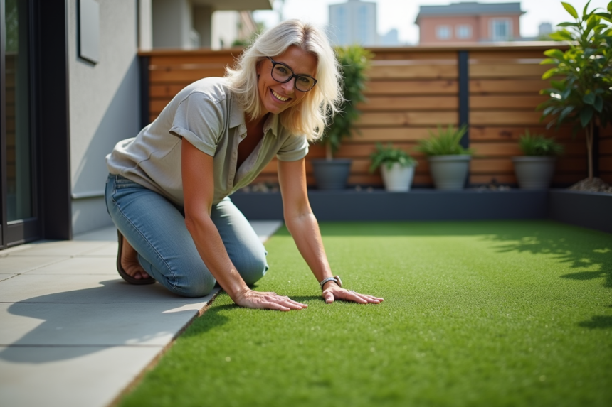 Femme en été rénovant un gazon artificiel dans un jardin urbain