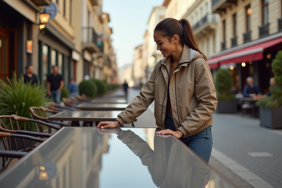 Femme inspectant une table en résine epoxy en terrasse urbaine