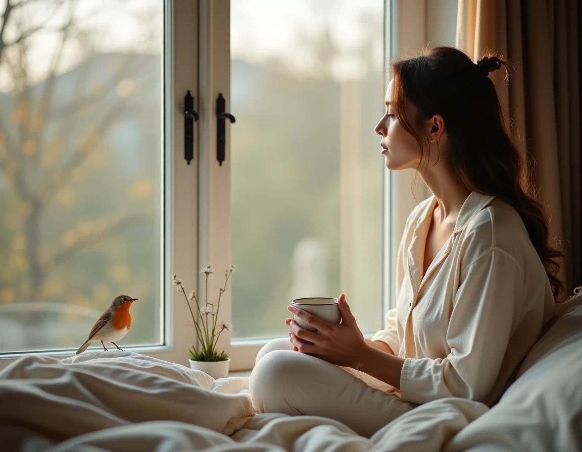Femme au réveil observant un rouge-gorge sur le rebord de sa fenêtre, évoquant la signification symbolique et spirituelle de cet oiseau au matin