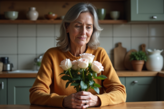 Femme examinant un bouquet de roses dans une cuisine rustique