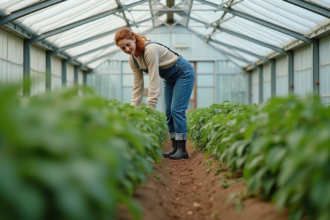 Femme en salopette inspectant plants de tomates dans une serre