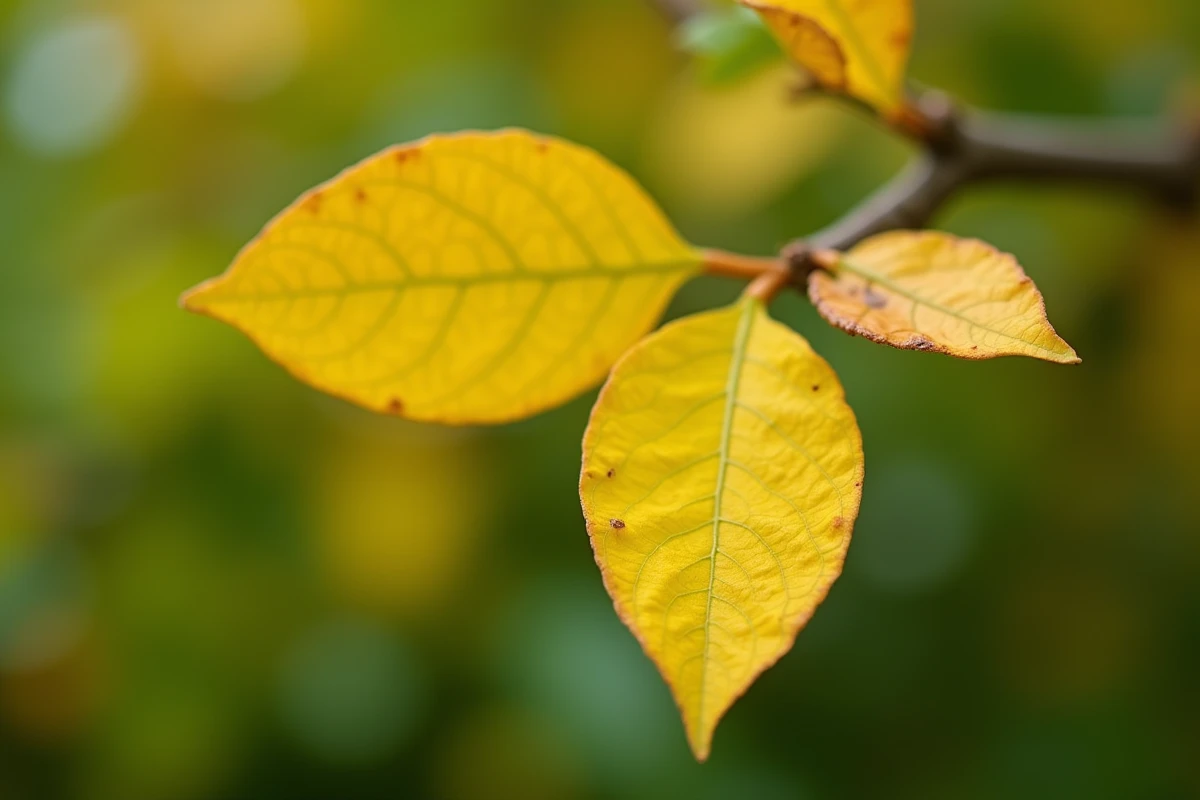 Gros plan sur des feuilles de citronnier jaunissantes montrant les différents stades de la chute foliaire printanière