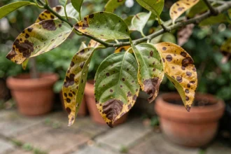 Feuilles de citronnier avec taches marron et bords brûlés, symptômes de maladie ou carence