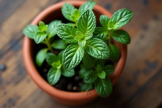 Pot de menthe avec feuilles vertes fraîches et feuilles noircissantes sur une table en bois rustique