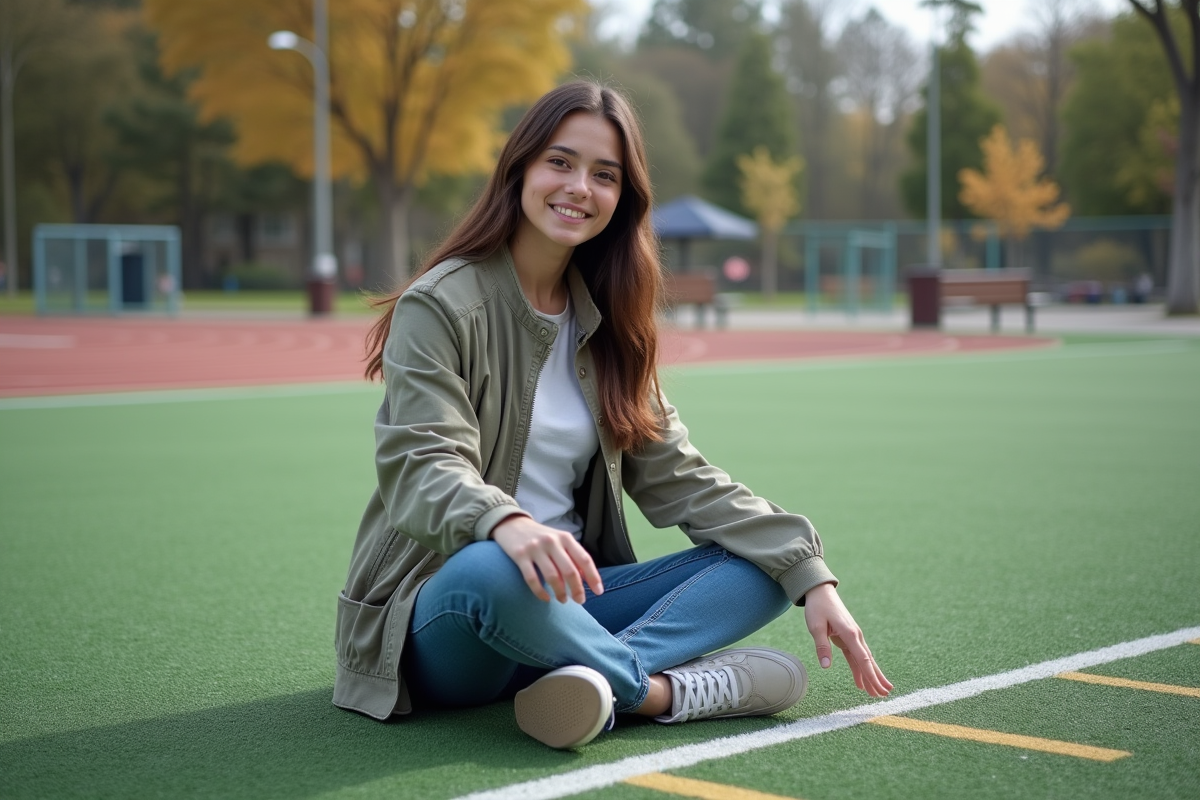 Jeune femme assise sur un terrain synthétique en pleine nature