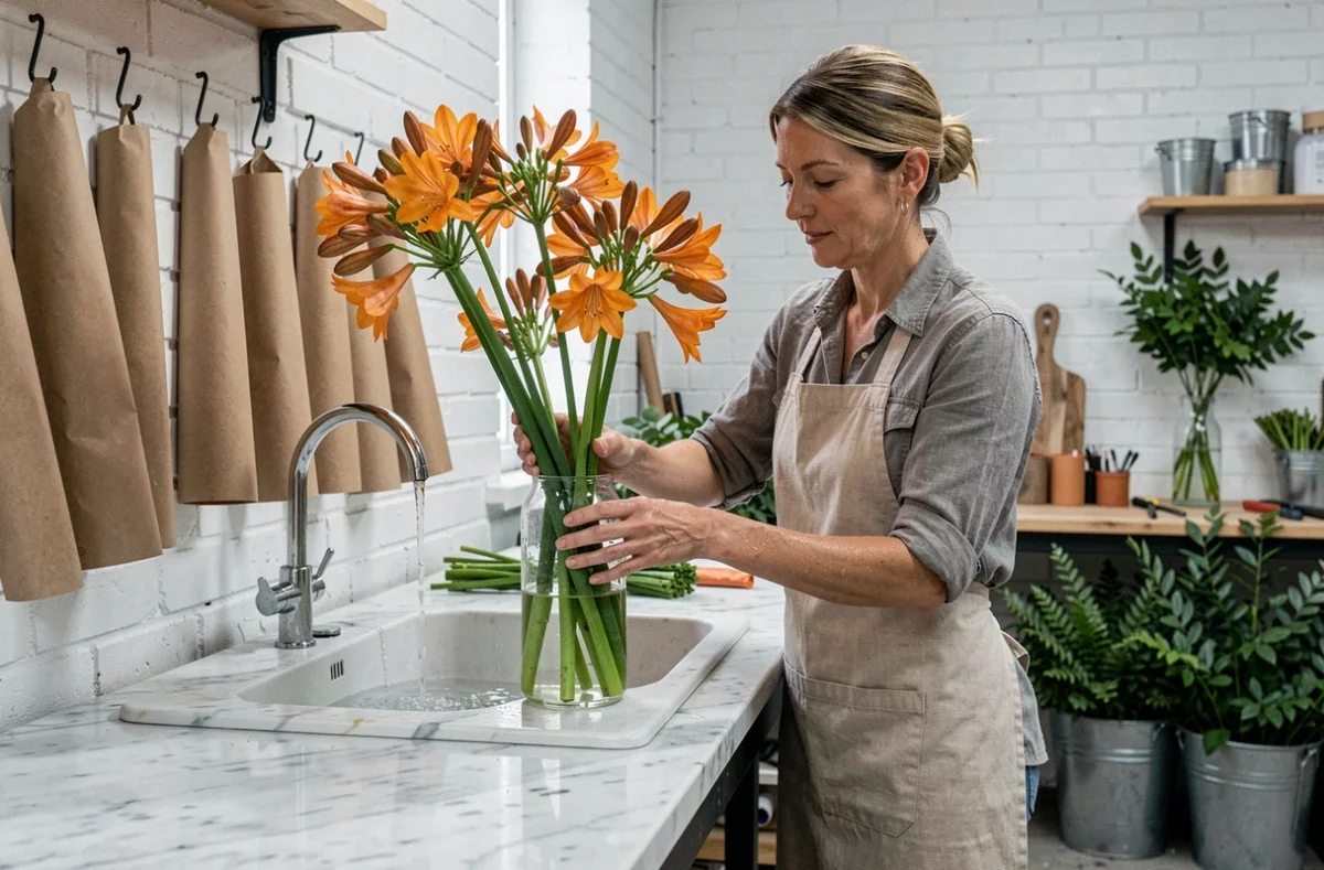 Fleuriste arrangeant des agapanthes orange en vase en verre dans un atelier de composition florale professionnelle