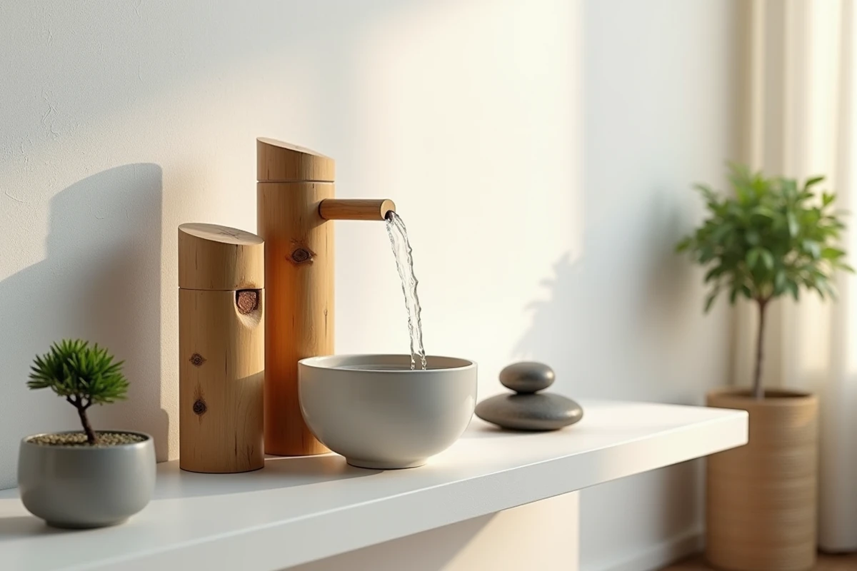 Gros plan sur une fontaine en bambou artisanale posée sur une étagère intérieure minimaliste avec bol en céramique