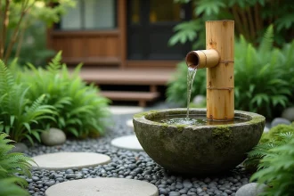 Fontaine en bambou traditionnelle sur terrasse en pierre dans un jardin japonais avec bassin moussu et fougères