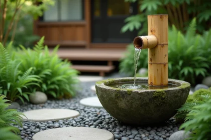 Fontaine en bambou traditionnelle sur terrasse en pierre dans un jardin japonais avec bassin moussu et fougères