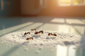 Gros plan de fourmis noires sur poudre blanche sur comptoir