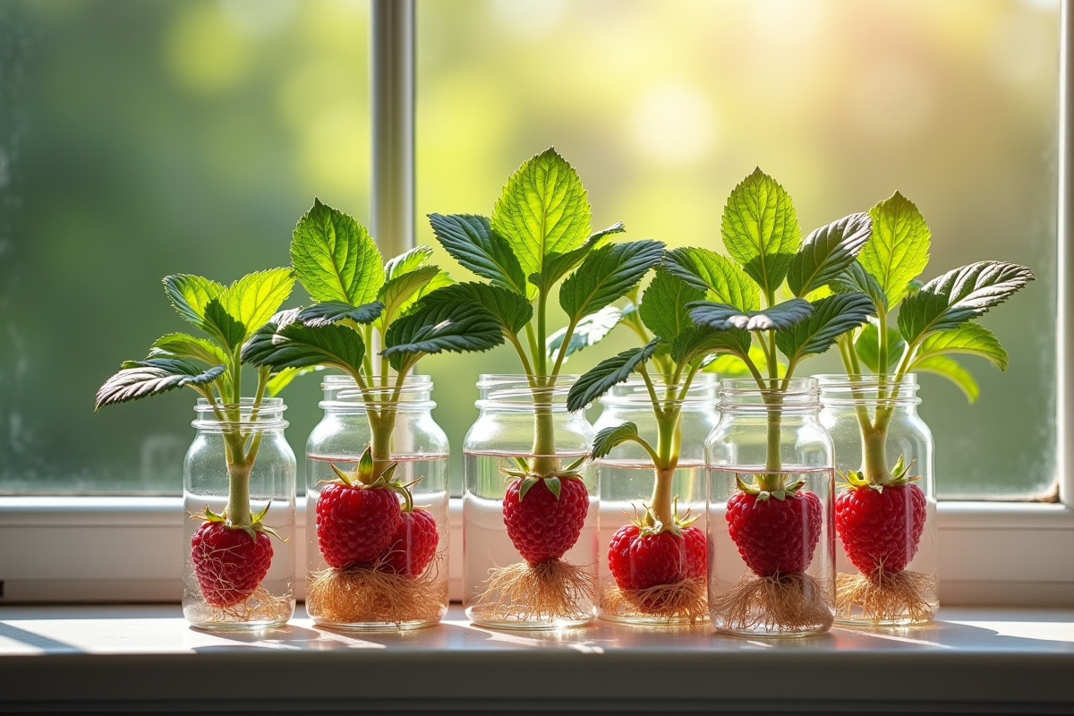 Framboises en racines dans des bocaux sur une fenêtre ensoleillée