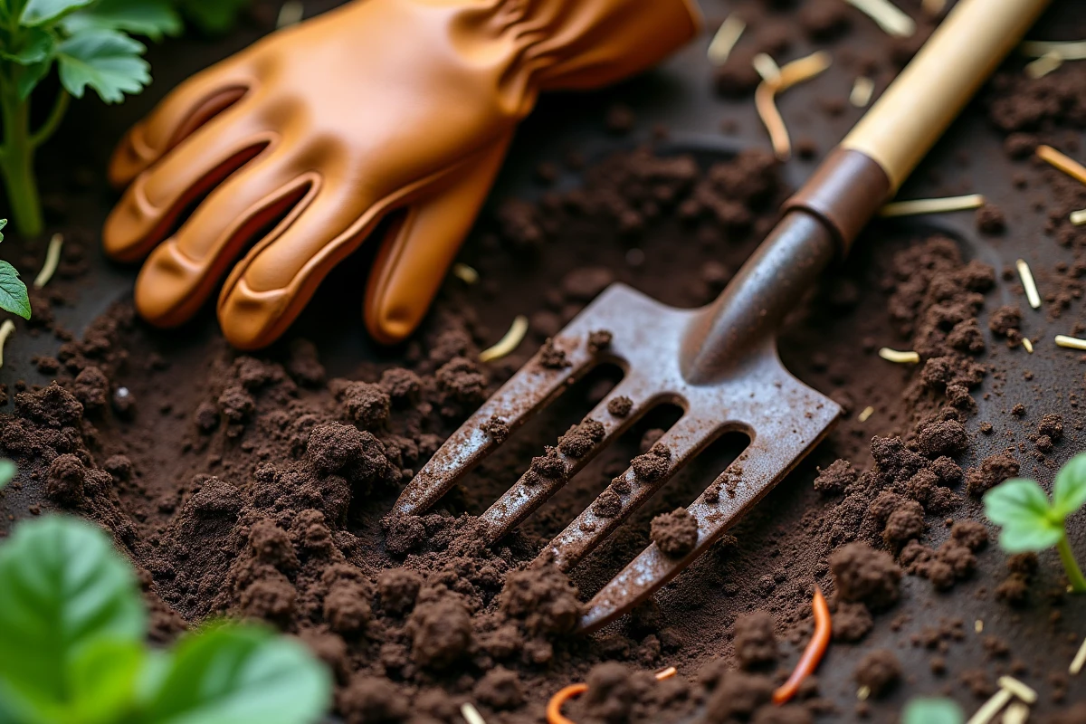 Grelinette posée sur un sol de potager retourné avec des gants de jardinage et une truelle à proximité