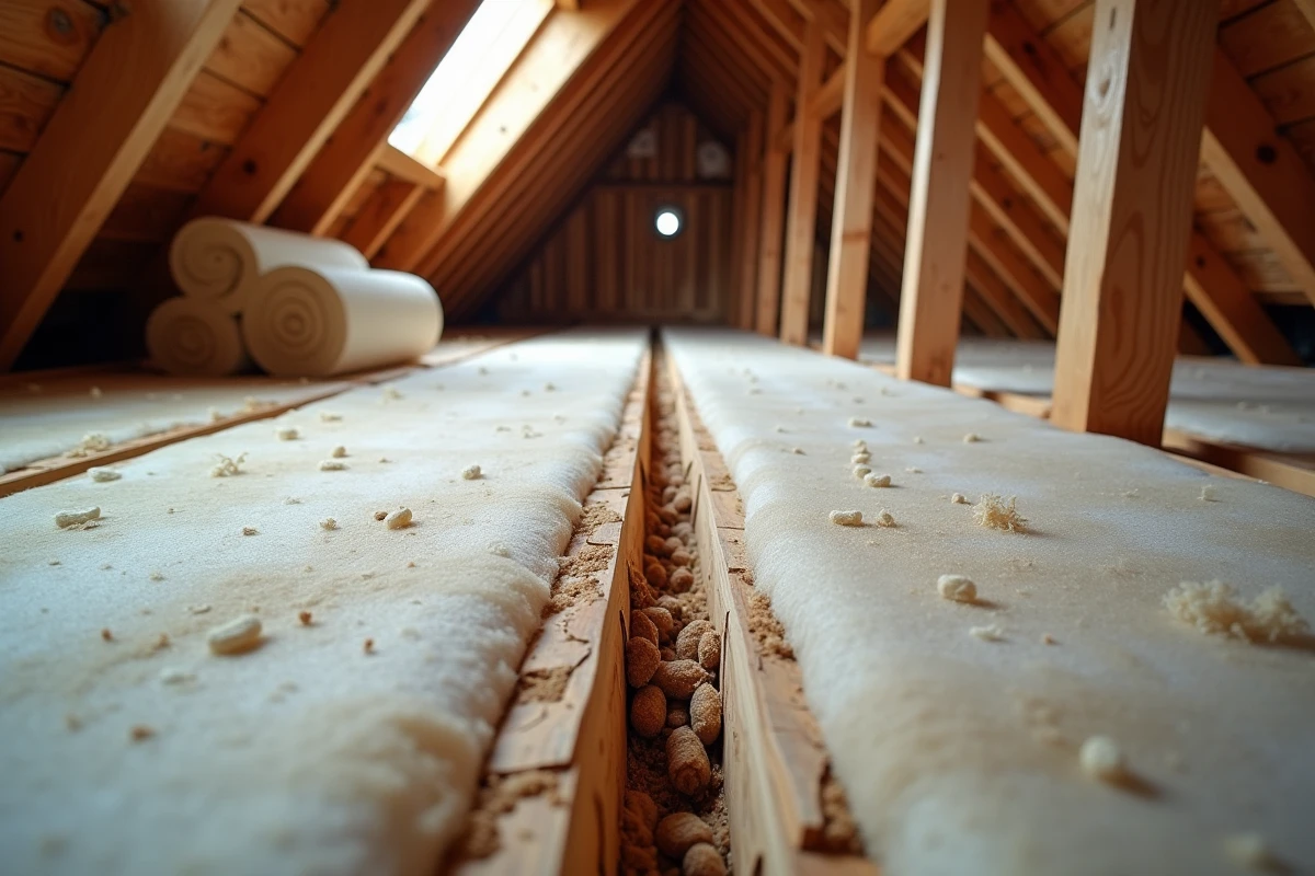 Vue large d'un grenier avec isolation en laine minérale dégradée par le passage de loirs et présence de déjections
