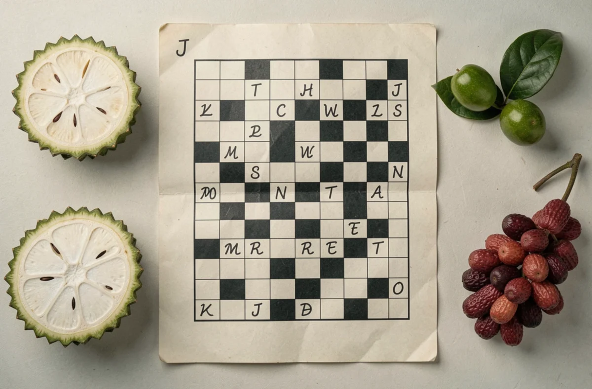 Gros plan de mots croisés avec des fruits en J disposés autour de la grille en vue aérienne