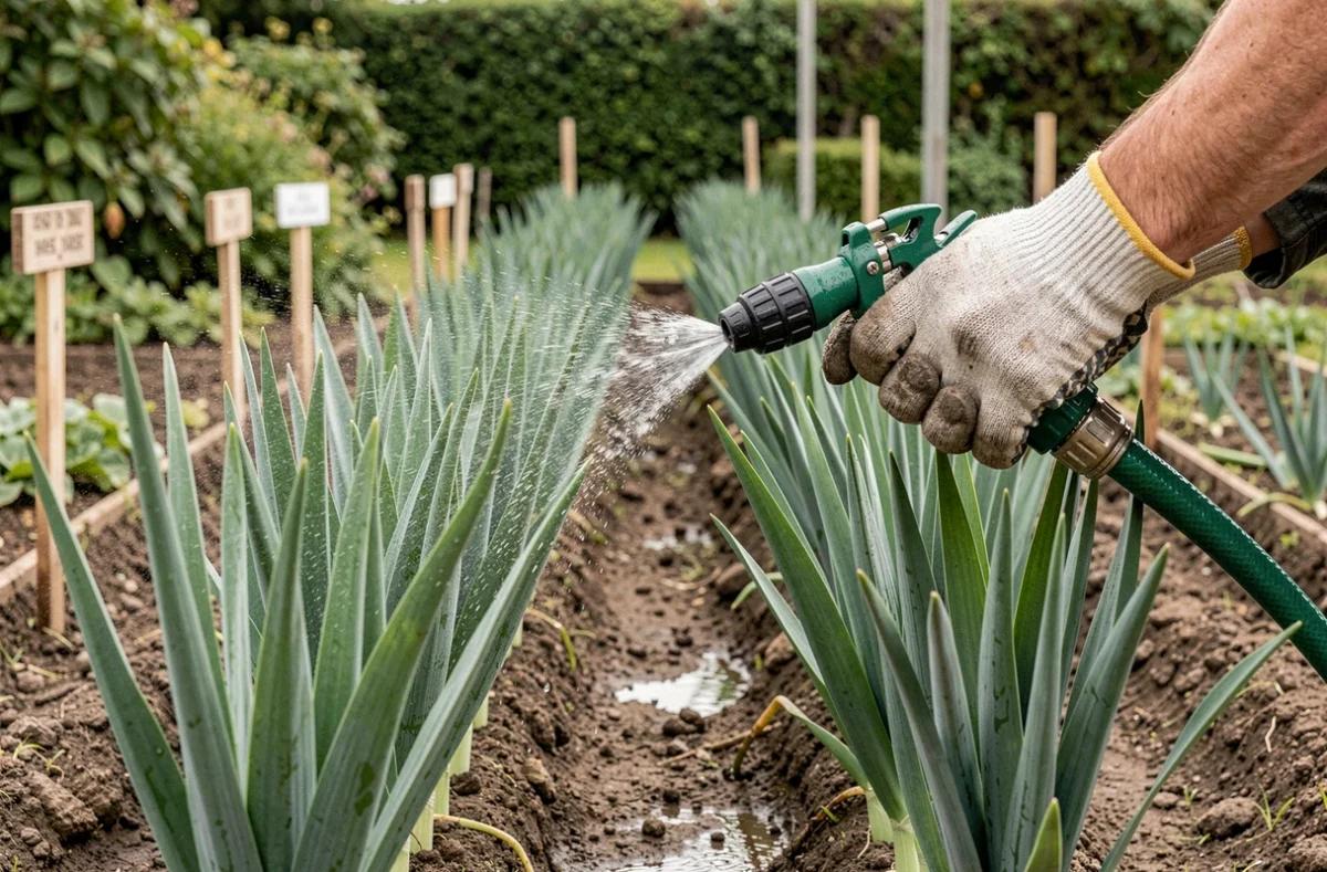 Gros plan de mains arrosant des rangées de poireaux au potager avec un tuyau d'arrosage
