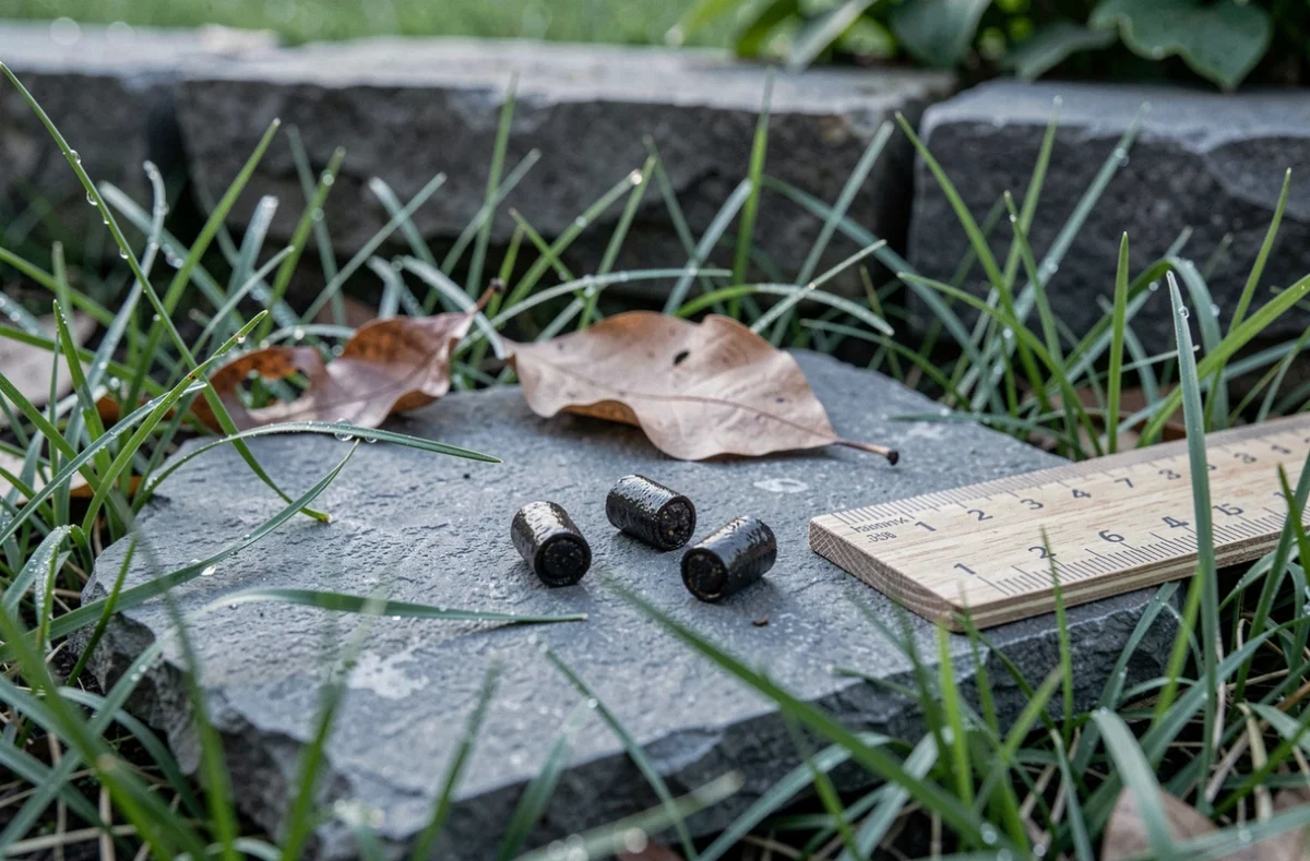 Gros plan sur des crottes de hérisson posées sur une pierre avec une règle pour mesurer, entourées d'herbe humide de rosée