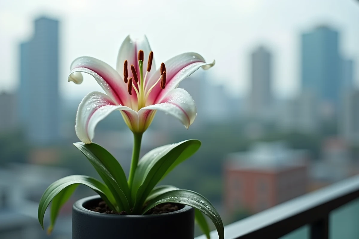 Gros plan d'une fleur de lys oriental blanche striée de rose dans un pot en céramique noire sur un balcon urbain, avec des gouttes d'eau sur les pétales et des étamines orangées