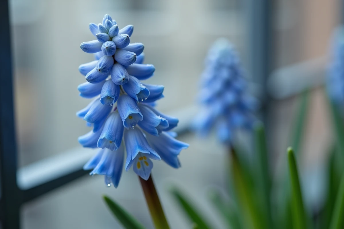 Gros plan sur une jacinthe bleue Hyacinthus orientalis avec gouttes de rosée sur les pétales