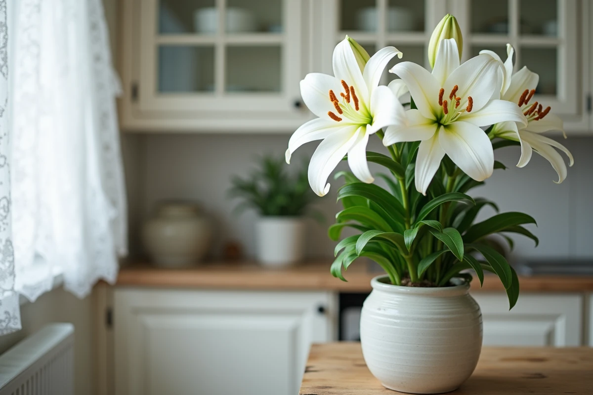 Gros plan sur des lys blancs en pot sur un rebord de fenêtre intérieur avec pétales et pollen visibles