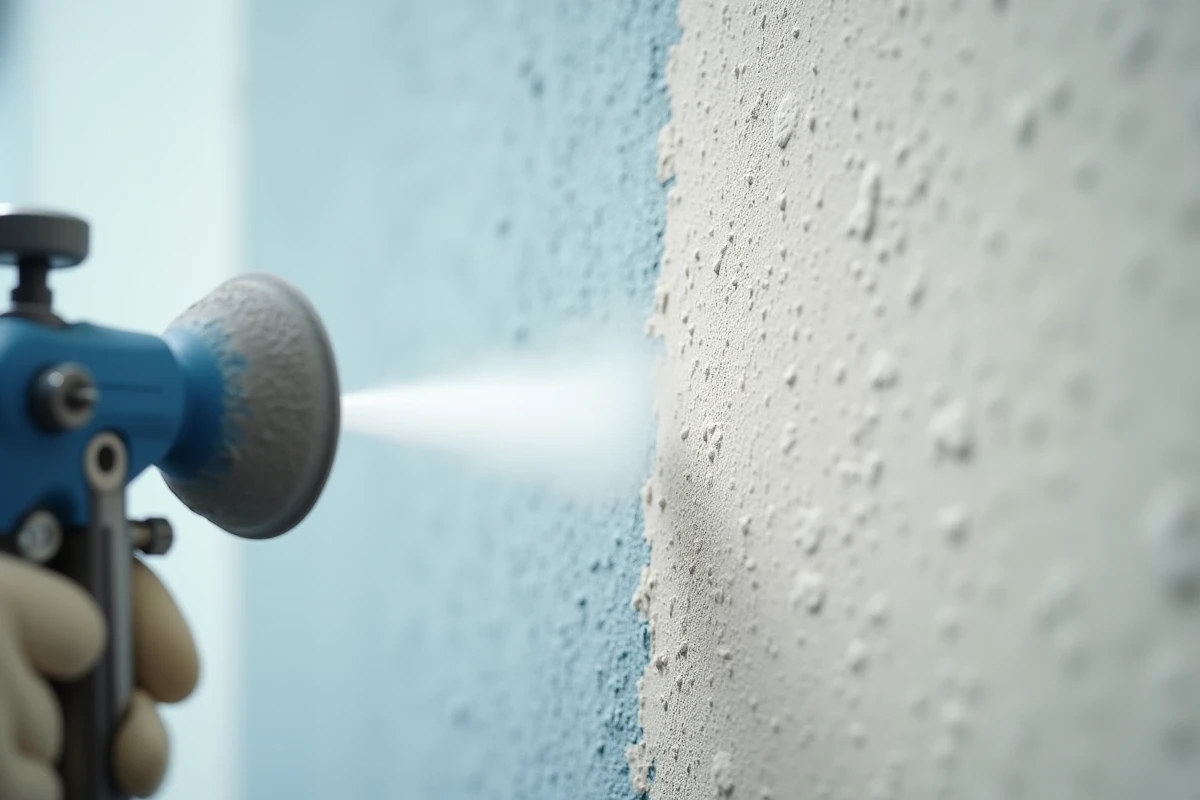Gros plan sur une buse de pistolet airless appliquant de la peinture sur un enduit de façade